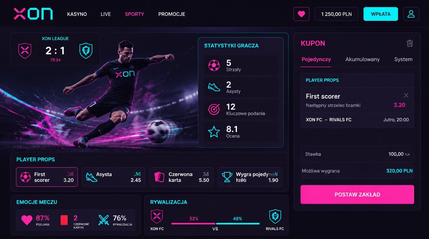 Obrazek gracza piłki nożnej, statystyki i kupon “player props”, kolorystyka Xon Bet