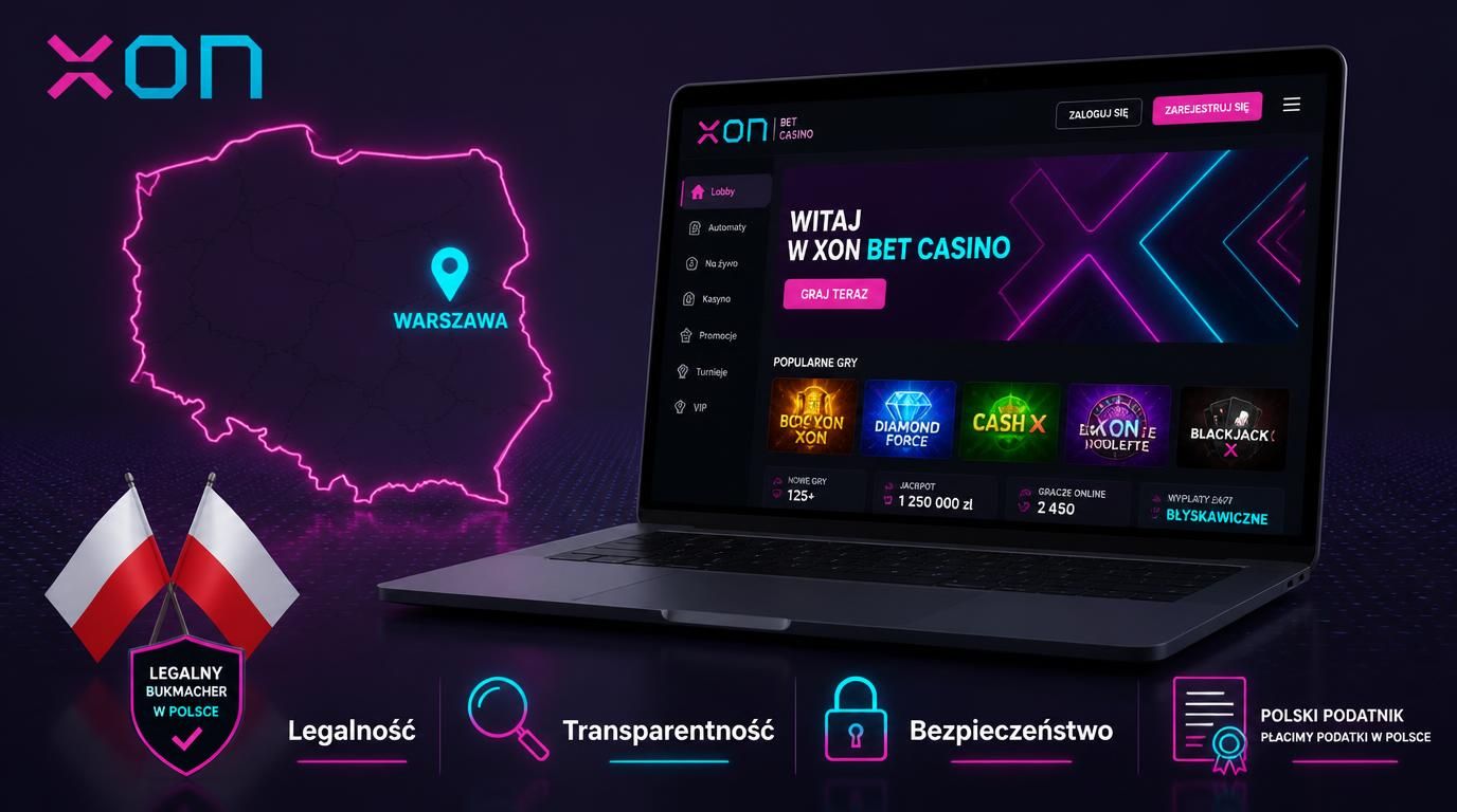 Mapa Polski z punktem dla Xon Bet Casino i symbolami legalności na tle motywu strony