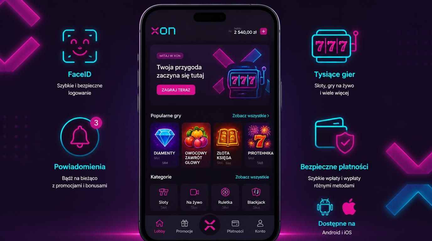 ilustracja pięciu funkcji aplikacji: FaceID, powiadomienia, sloty, płatność, Android i iOS
