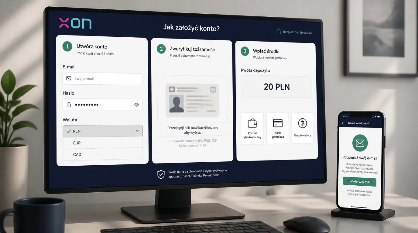Panel kasy z wyborem PLN, EUR i CAD, metodami płatności oraz przyciskiem czatu